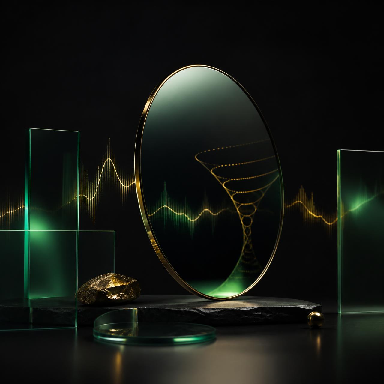 A dark polished mirror reflecting emerald and gold funnel analytics